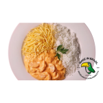 Strogonoff de Frango Feito com Creme de leite Brasileiro (Acompanha Arroz Brasileiro e Batata Palha Brasileira)